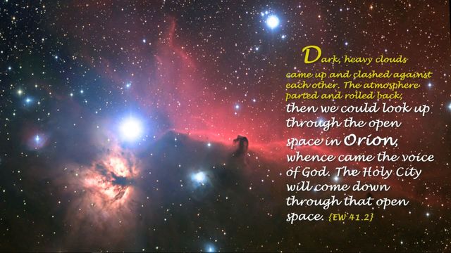 A vivid celestial image featuring a nebula within the constellation commonly known as Orion, highlighted by brilliant stars and interstellar clouds of gas and dust. The image also includes an overlay of text referencing a biblical passage, suggesting a connection between the heavens and divine communication. Opens a new window with the video.