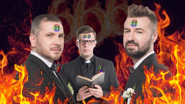 Three men dressed in formal attire stand before a vivid backdrop of flames. The man on the left wears a grey suit and has a sticker labeled &ldquo;MYM&rdquo; on his forehead. The center man, dressed as a clergyman, holds an open book and also has a &ldquo;MYM&rdquo; sticker on his forehead. The man on the right, wearing a dark suit, similarly sports a &ldquo;MYM&rdquo; sticker. Each appears serious against the fiery scene surrounding them. Opens a new window with the video.