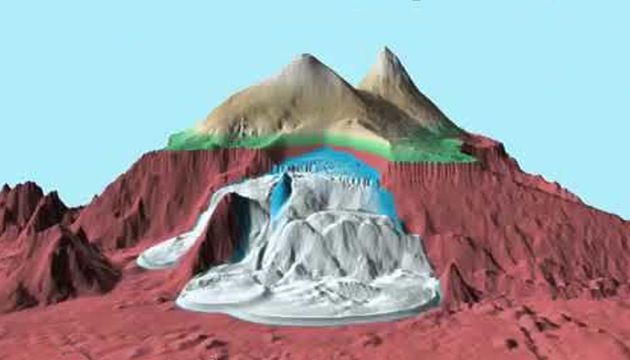 Digital artwork portraying a mountain with diverse geological features; includes a reddish mountainous terrain with central ice-like structures resembling a glacier, surrounded by arid cliffs. Above the top, a light arch reminiscent of an atmospheric optical phenomenon adds a colorful accent. Opens a new window with the video.