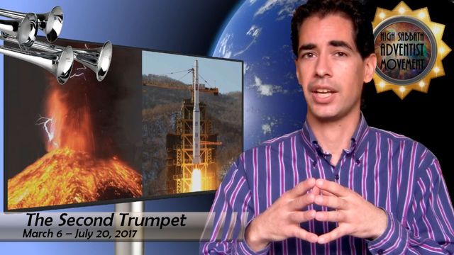 A man in a striped shirt gestures with hands clasped in front of him. The background includes three images: a trumpet in space, a volcanic eruption, and an oil rig. The text reads, &ldquo;The Second Trumpet, March 6 &ndash; July 20, 2017,&rdquo; against a backdrop featuring Earth from space. Opens a new window with the video.