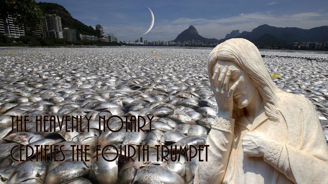 A surreal landscape depicts a sea of fish covering the ground, with a marble-white statue of a woman covering her face in distress. In the background, crescent moon hangs over a mountainous skyline. Text overlay reads &ldquo;The Heavenly Notary certifies the Fourth Trumpet.&rdquo; Opens a new window with the video.
