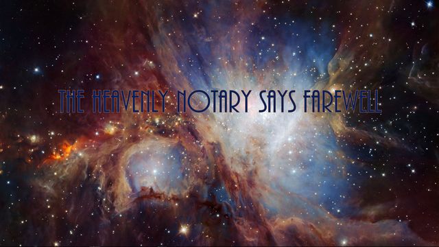 A vibrant cosmic scene displaying vast nebulae with dynamic swirls of blue, orange, and white hues intermingling among stars, highlighted with the caption &ldquo;The Heavenly Notary Says Farewell&rdquo;. Opens a new window with the video.