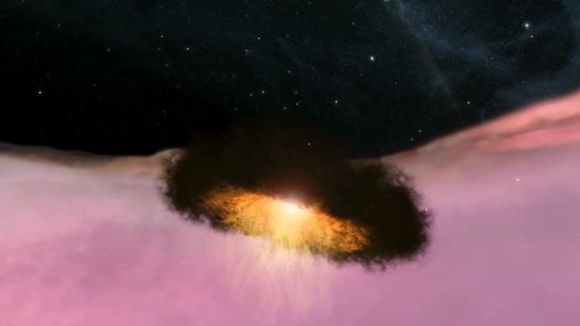 A celestial phenomenon depicted as a vibrant, luminous object centered amidst a vast expanse of dark space, surrounded by soft pink and purple nebulous clouds, signifying Creation's wonder in the vastness of the cosmos. Opens a new window with the video.