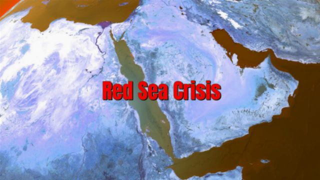 Satellite view of the Middle East region with a focus on the Red Sea area highlighted by dramatic color shifts in cloud coverage and land features. The image includes text overlay at the center reading &ldquo;Red Sea Crisis&rdquo;. Opens a new window with the video.