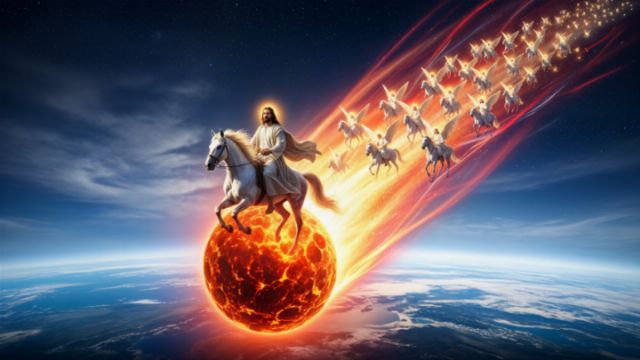 A figure riding a white horse, representing a biblical character, is depicted leading a procession of white horses and riders. They are set against a backdrop of a fiery planet, with the Earth visible in the distance, suggesting a celestial and dramatic scene. Opens a new window with the video.