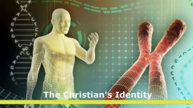 Digital illustration showing a translucent 3D model of a human figure with a visual overlay of DNA structures, all against a background that includes a circular astronomical chart resembling historical interpretations of the Mazzaroth. Text on the image reads &ldquo;The Christian's Identity.&rdquo; Opens a new window with the video.