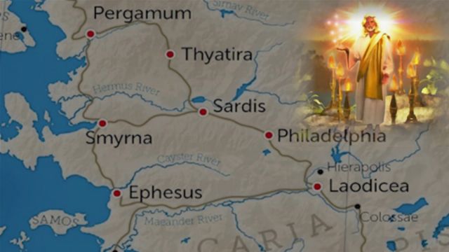 Map showing historical Anatolian cities such as Ephesus, Smyrna, and Sardis with glowing celestial figure on the right side, dressed in a robe and radiating light over the region, representing a biblical depiction of a heavenly messenger or entity. Opens a new window with the video.