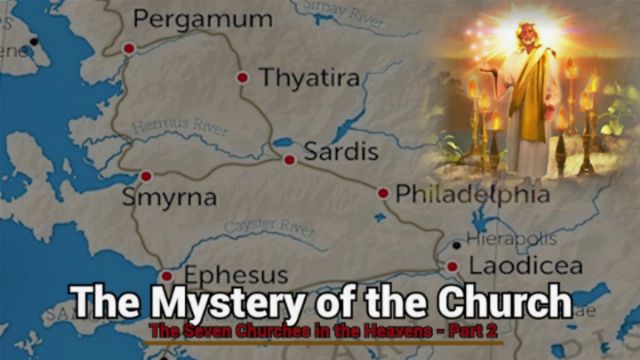 A stylized map of ancient cities including Ephesus, Smyrna, Pergamum, Thyatira, Sardis, Philadelphia, and Laodicea on a cream background, overlaid on the right by an illustration of a robed and radiant figure with arms outstretched. Text below reads &ldquo;The Mystery of the Church - The Seven Churches in the Heavens - Part 2&rdquo;. Opens a new window with the video.
