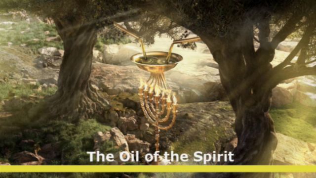 A mystical scene with a golden seven-branched lampstand hovering between twisted old trees in a sunlit rocky landscape. The caption reads &ldquo;The Oil of the Spirit.&rdquo; Opens a new window with the video.
