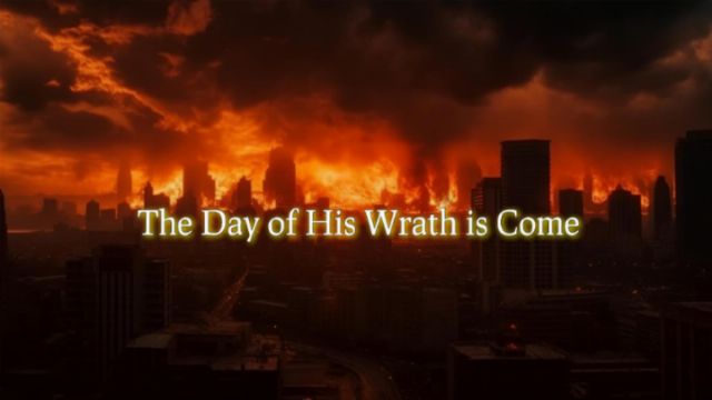 A city skyline under a fiery sky with dark clouds, evoking a scene of apocalyptic judgment. Text overlay reads &ldquo;The Day of His Wrath is Come.&rdquo; Opens a new window with the video.