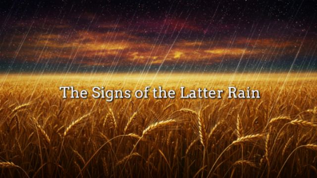 A golden wheat field under a night sky filled with stars, streaked with shades of deep blue and red. The sky simulates the band of the Mazzaroth. The text overlay reads &ldquo;The Signs of the Latter Rain.&rdquo; Opens a new window with the video.