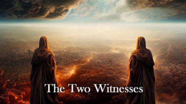 Two robed figures stand overlooking a vast, fiery cityscape under a dramatic sky with clouds. Light beams down between the clouds, illuminating the city below. The scene suggests a significant celestial or apocalyptic event. Opens a new window with the video.