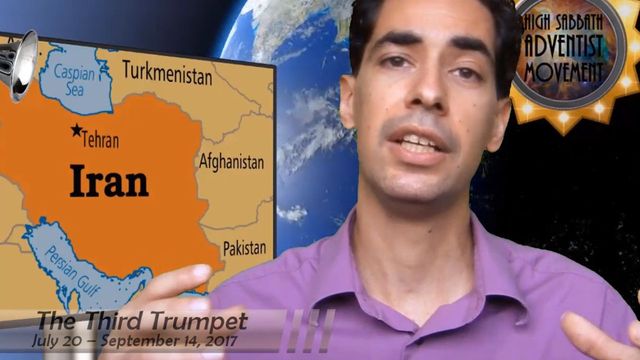 A man in a purple shirt speaking with a map of Iran highlighted in orange behind him. The map shows surrounding countries and major bodies of water. Above the map, icons of planets of the Mazzaroth trail from left to right, under the text &ldquo;The Third Trumpet, July 20 - September 14, 2017.&rdquo; The backdrop includes an image of Earth from space. Opens a new window with the video.
