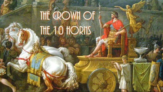 A painting depicting a regal figure in a red robe, seated on a golden chariot led by white horses, surrounded by a crowd of various figures in historical garments. An angel descends near the chariot under a text overlay reading &ldquo;THE CROWN OF THE 10 HORDIS.&rdquo; Opens a new window with the video.