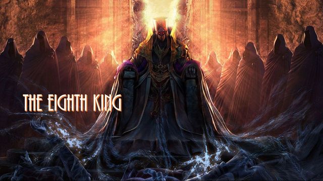 A dramatic digital artwork of a regal figure seated on a throne, surrounded by a celestial glow and enigmatic figures shrouded in dark robes. The scene conveys a mythic narrative, reminiscent of ancient biblical visions or heavenly events, with the phrase &ldquo;The Eighth King&rdquo; prominently displayed. Opens a new window with the video.
