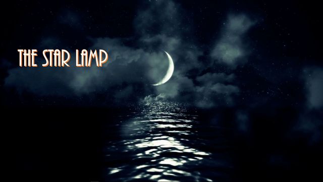 A serene night scene featuring a crescent moon hanging low over a tranquil ocean with its reflection shimmering across the water. Clouds partially obscure the moon, adding a mystical ambiance. The phrase &ldquo;THE STAR LAMP&rdquo; appears in an ambient font at the top. Opens a new window with the video.