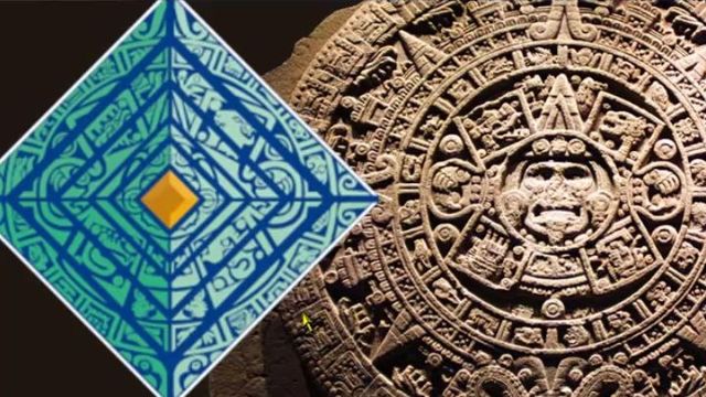 A composite image featuring two distinct elements. On the left, a blue and white tile with geometric patterns and ancient Hebrew script centered around a golden square. On the right, a detailed bas-relief of an ancient astronomical tool with intricate carvings and a central figure. Opens a new window with the video.