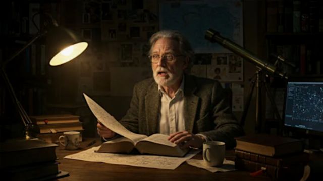 An elderly man with glasses and a beard sits at a wooden desk in a dimly lit room, studying a large document and a book. A desk lamp illuminates the space, which contains books, a telescope, and a celestial star map on a computer screen, possibly related to studies of the Mazzaroth. Opens a new window with the video.