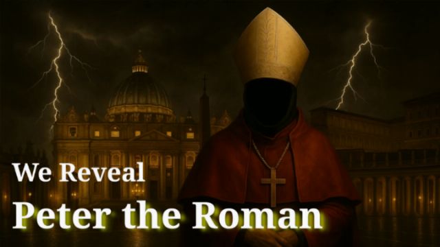 A dark figure wearing a papal hat and red robes stands in front of a lit historic building resembling St. Peter's Basilica, with lightning striking in the background. The figure's face is obscured, and a text overlay reads, &ldquo;We Reveal Peter the Roman.&rdquo; Opens a new window with the video.