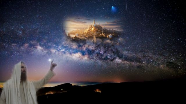 A figure dressed in a flowing robe gestures towards a starry sky filled with the Milky Way. In the background, a celestial city emerges from the cosmos, illuminated by light. Above, a comet is visible, along with scattered stars. The scene evokes a sense of wonder and cosmic beauty. Opens a new window with the video.