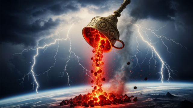 A decorative cup is overturned, spilling glowing lava-like rocks into the atmosphere. Dark storm clouds fill the sky, with bright lightning bolts illuminating the scene. The Earth can be seen in the background, hinting at a celestial event. Opens a new window with the video.