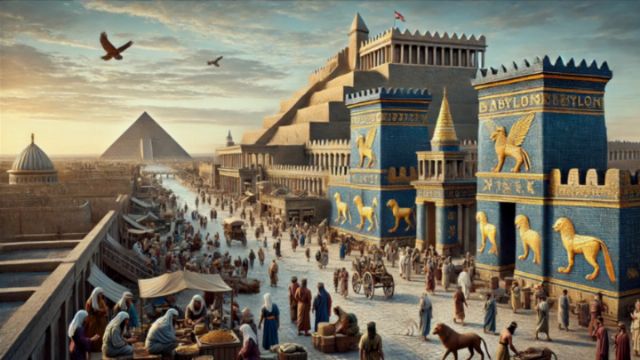 A vibrant historical scene depicting an ancient city with grand structures, including a large pyramid and ornate blue buildings adorned with lion and eagle motifs. The street is bustling with people, animals, and market stalls, showcasing a lively atmosphere reminiscent of ancient Mesopotamia. Birds fly overhead in the clear sky. Opens a new window with the video.