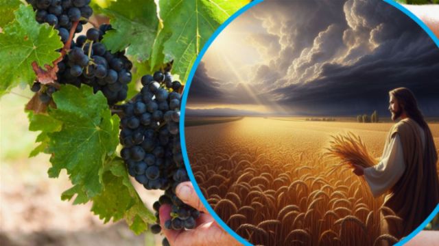 A hand holds a cluster of dark grapes, surrounded by green leaves. Adjacent is an illustration of a golden wheat field under a dramatic sky, with a figure dressed in robes, representing a biblical character, holding a bundle of wheat. Opens a new window with the video.