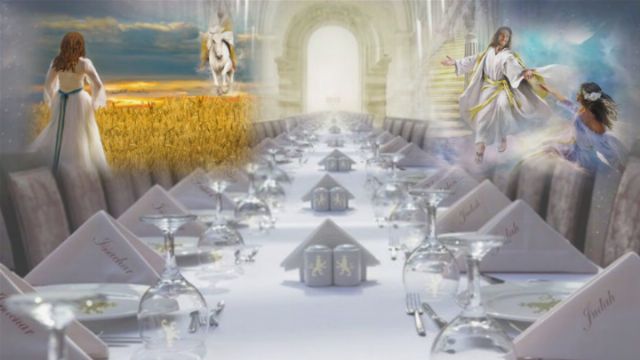 A long dining table elegantly set for a feast, with glassware and place cards that read &ldquo;Judah.&rdquo; In the background, a vast field of wheat under a sunset sky, and ethereal figures, including a white horse, an angelic being, and a figure in white, possibly representing a benevolent leader, are depicted. A bright archway is visible at the far end of the scene. Opens a new window with the video.