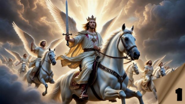 A majestic figure, symbolizing a leader, rides a white horse and holds a sword aloft, surrounded by a host of other riders on white horses. All are depicted against a backdrop of ethereal clouds, with beams of light radiating from above. The scene conveys a sense of power and glory. Opens a new window with the video.