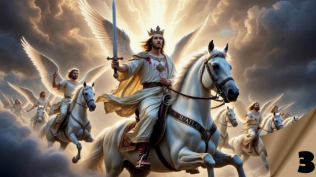 A figure resembling a majestic ruler with a crown and a sword rides a white horse. They are accompanied by angels on similar horses, all set against a backdrop of dynamic clouds and light. The scene conveys a sense of grandeur and divine authority. Opens a new window with the video.