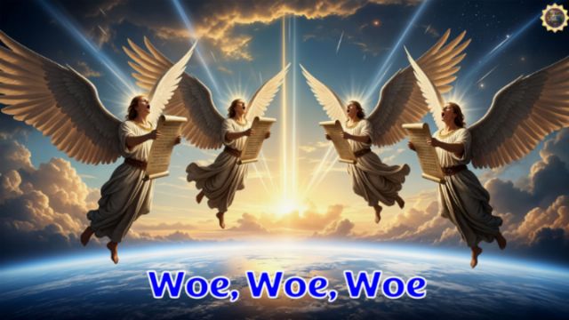 Four angels with large wings are positioned around the center of the image, each holding scrolls. They are illuminated by bright rays of light coming from the background, which depicts a vibrant sky at dawn or dusk above the Earth. The text &ldquo;Woe, Woe, Woe&rdquo; is prominently displayed in blue at the bottom of the image. Opens a new window with the video.