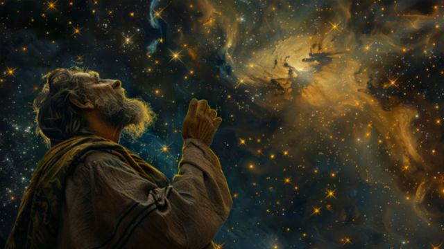 An elderly bearded man in ancient robes gazes upwards in awe at a breathtaking cosmic scene. His hands are joined in prayer before a complex celestial nebula shimmering with myriad stars. Opens a new window with the video.