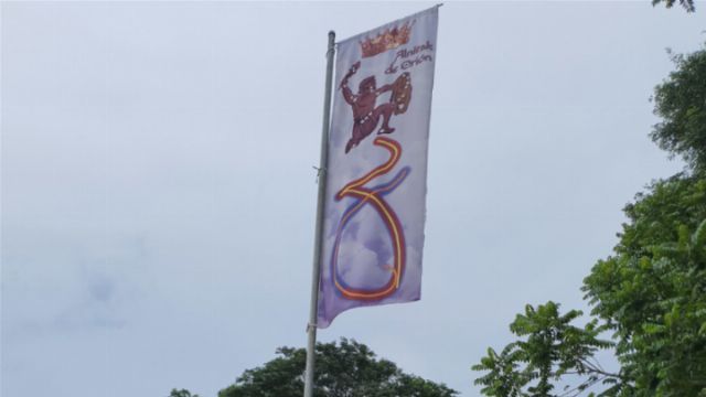 A flag on a flagpole featuring an emblem resembling the Indo-Aryan syllable &ldquo;Om&rdquo;, set against a backdrop of trees and a cloudy sky. An illustration of a creature resembling a lion is seen above the symbol. Opens a new window with the video.