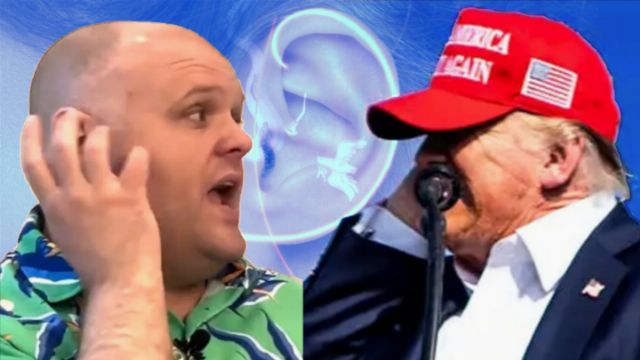 A collage image showing two separate scenes: on the left, a bald man wearing a colorful shirt appears animated as he listens intently with his hand cupped behind his ear. On the right, an elderly man, obscured partially by a blurry image of a human ear anatomy overlay, looks down while wearing a red baseball cap marked with political slogans. Opens a new window with the video.
