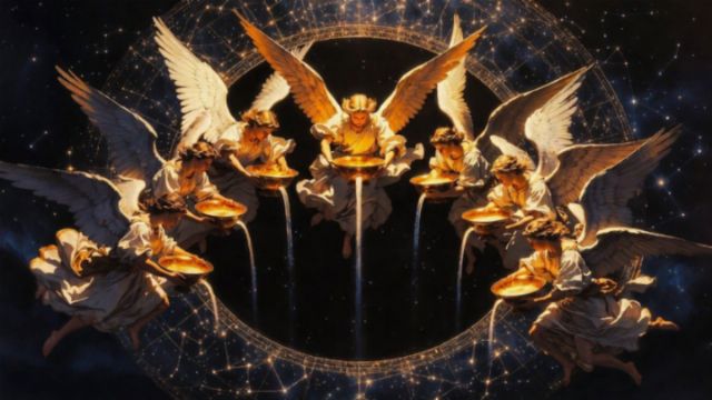 A celestial scene depicting multiple winged figures pouring from golden vessels. They are surrounded by a dark starry background, with intricate patterns of light creating a circular frame. Opens a new window with the video.