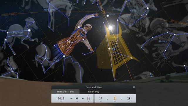 A digital representation of the night sky showcasing various constellations connected by lines with a figure resembling an ancient harvester overlaying the stars, seemingly swinging a sickle. A golden grid pattern appears above the figure, and a digital interface indicates the date and Julian Day at the bottom. Opens a new window with the video.