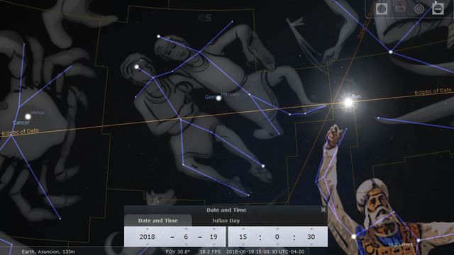 Digital representation of the night sky showing celestial bodies and interconnecting lines forming detailed illustrations of classical figures, including the Mazzaroth constellation 'Gemini', alongside visible labels for planets such as Mercury and Venus. The image contains a futuristic overlay of data specifying date, time, and celestial coordinates. Opens a new window with the video.