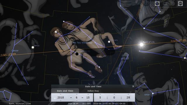 A digital astronomical software display showing celestial bodies and constellations with illustrated human figures, labeled with names like &ldquo;The Two Witnesses&rdquo; under a star map. The screen shows the position of planets such as Venus and Mercury relative to labeled constellations, overlaid on a night sky. Opens a new window with the video.