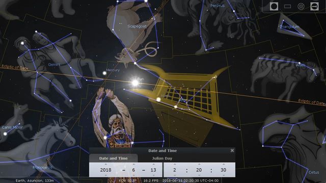 A digital star map displaying various constellations and celestial bodies, including Mercury and sections of the Mazzaroth, overlaid with a grid and celestial navigation lines. The image includes an interface showing the date and Julian Day number, set to June 13, 2018, at 2:20:30 Coordinated Universal Time. Opens a new window with the video.