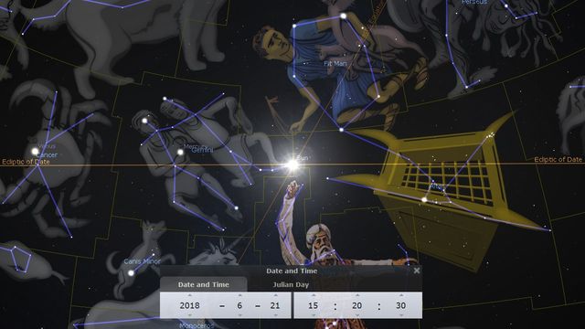 A digital astronomical illustration depicting an elderly man with a long beard, pointing towards a bright star in a sky map filled with various constellations connected by lines. Notable are their artistic representations as figures, including a lion and a twin figure, set against a dark background with a computer interface showing date and time settings for June 21, 2018. Opens a new window with the video.