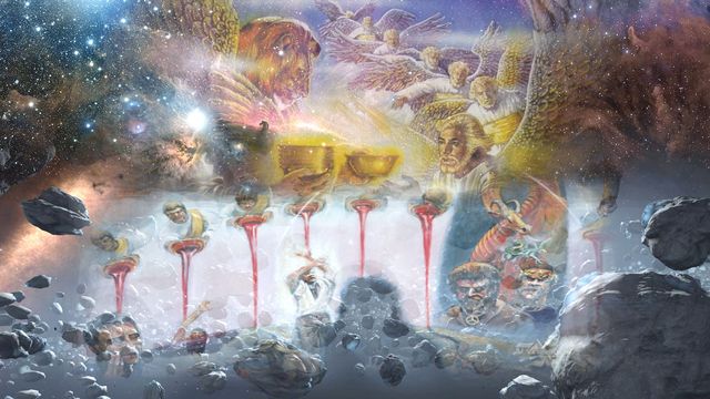 A celestial scene depicting an intricate mural of cosmic and mythological themes. The image features various beings appearing to interact across the cosmos, including spiritual figures surrounded by small glowing orbs, an angelic assembly, and ambiguous entities composed of clouds and light. An array of celestial objects, including stars and meteor-like rocks, enhances the otherworldly atmosphere. Opens a new window with the video.