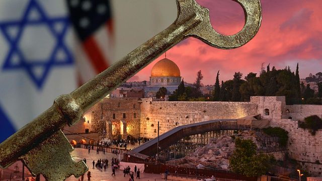 A composite image featuring an ancient-looking key superimposed over a scenic view of Jerusalem during twilight. The backdrop displays the Western Wall and the Dome of the Rock under a sky painted with hues of pink and orange. Flanking the image are the flags of the United States and Israel. Opens a new window with the video.