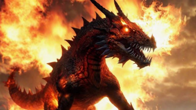 A fierce dragon stands amidst flames, showcasing its scaly, red and black body. The creature has sharp claws, a menacing expression, and glowing orange eyes, set against a fiery background that enhances its formidable presence. Opens a new window with the video.