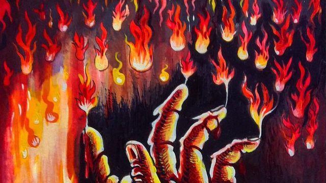 Artistic interpretation of a fiery celestial scene depicting numerous flames descending over a dark landscape, with bright, glowing ember-like forms interspersed throughout the composition. Opens a new window with the video.