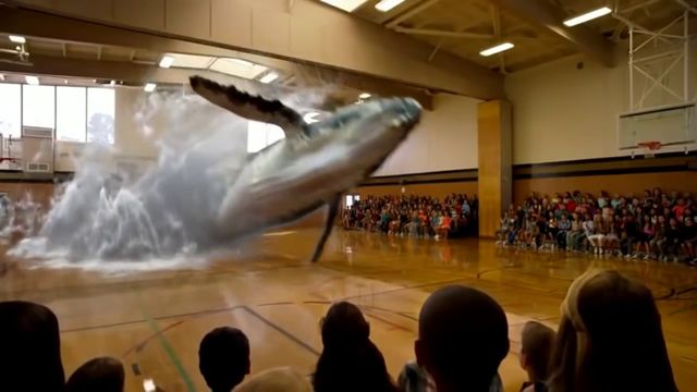 A large, digitally created whale jumps dramatically in a gymnasium, surrounded by a splash of water, as an audience of spectators watches intently. Opens a new window with the video.