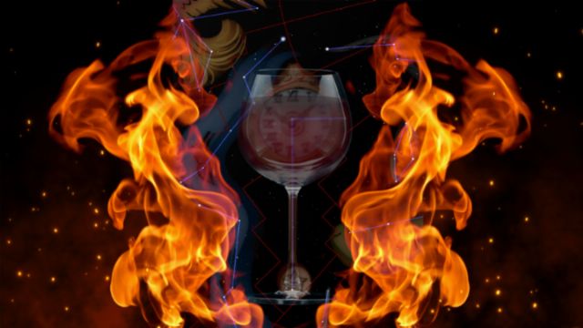 An hourglass enshrouded in vibrant flames stands against a cosmic backdrop, featuring floating celestial symbols of the Mazzaroth interconnected by light blue lines, all enveloped in the darkness of space. Opens a new window with the video.