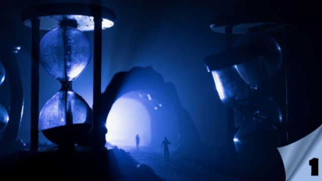 A cinematic scene featuring multiple hourglasses illuminated in a mystical blue light, with silhouettes of a person walking through an archway in the distance, creating an impression of exploring the mysteries of time under the celestial canopy. Opens a new window with the video.