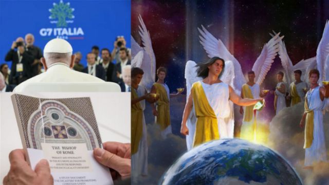 On the left, a man from behind, likely a clergy member, holds a book titled &ldquo;The Wisdom of Rome&rdquo; at a conference identified by a sign saying &ldquo;G7 Italia&rdquo;. On the right, a celestial depiction sports multiple angelic figures with large wings, clad in robes of gold and blue, arrayed around a glowing celestial sphere, symbolizing Earth. The backdrop displays a vibrant cosmic scene with stars and nebulae. Opens a new window with the video.