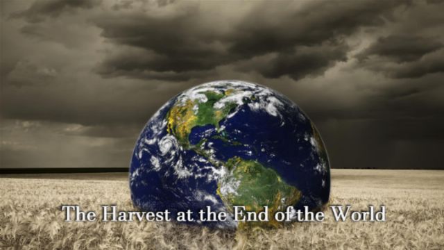 A digitally composed image featuring Earth resting on a golden wheat field under a stormy sky, captioned &ldquo;The Harvest at the End of the World.&rdquo; Opens a new window with the video.