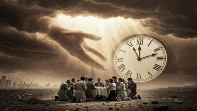 A large hand reaches down from ominous clouds toward a group of people gathered around a table in a barren landscape. Behind them is a clock showing some time, indicating the passing of time. The atmosphere is dramatic and tense, with hints of destruction in the background. Opens a new window with the video.